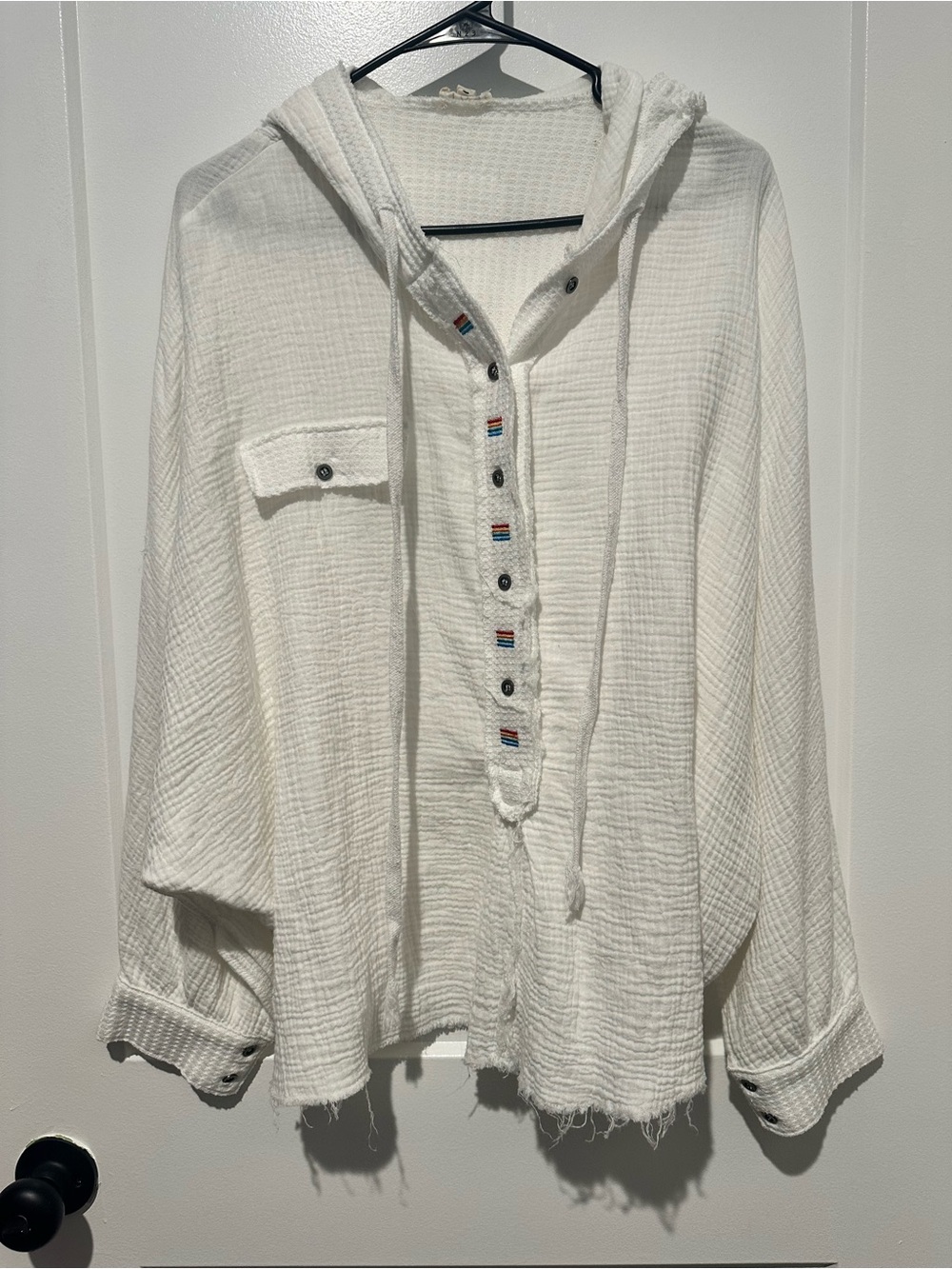 POL Women's White Hooded Waffle Button Pullover